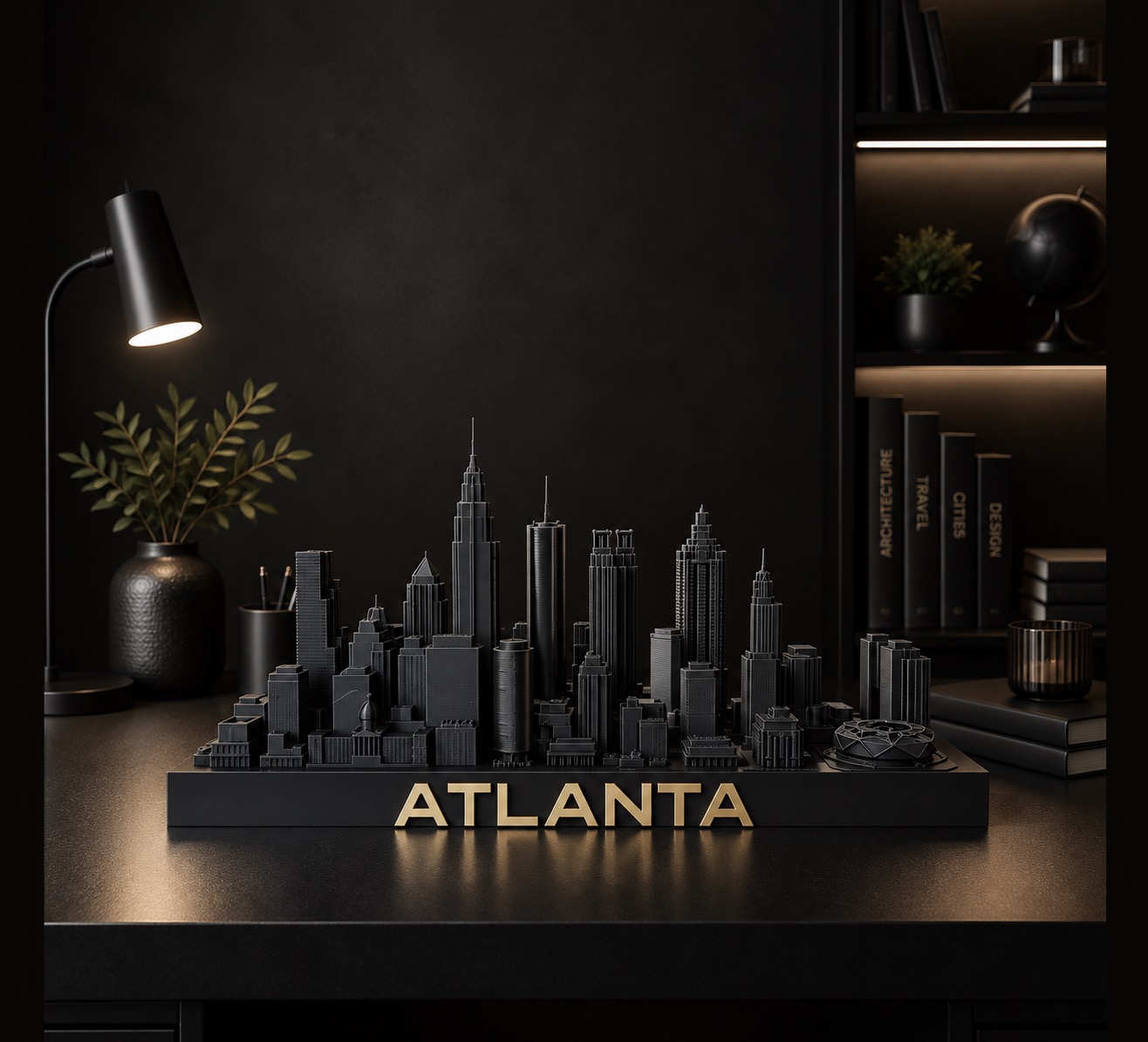Atlanta skyline sculpture — matte black with brushed gold, by City Skyline Decor