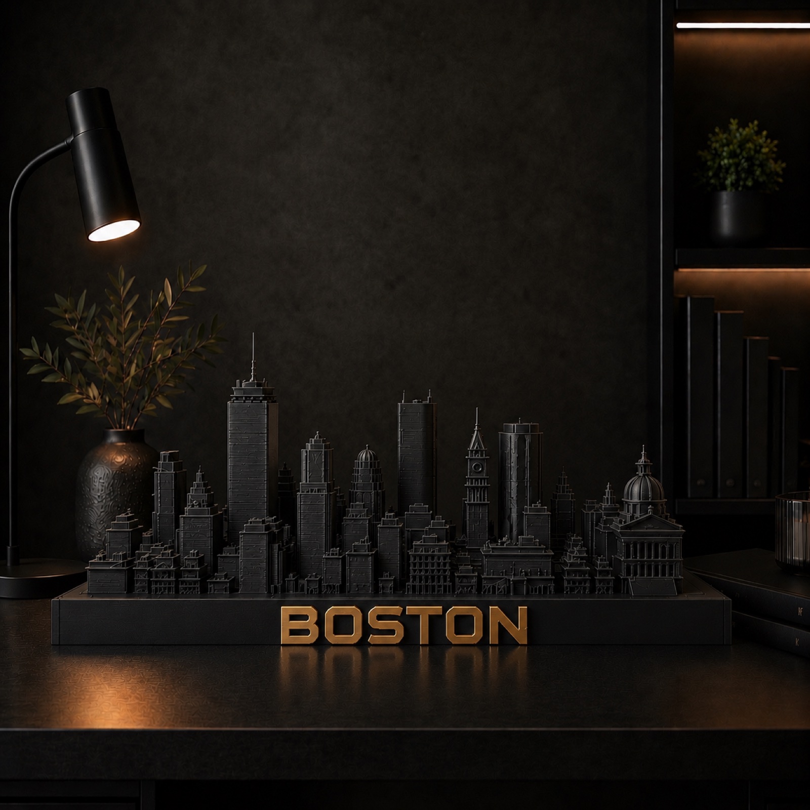 Boston skyline sculpture — matte black with brushed gold, by City Skyline Decor