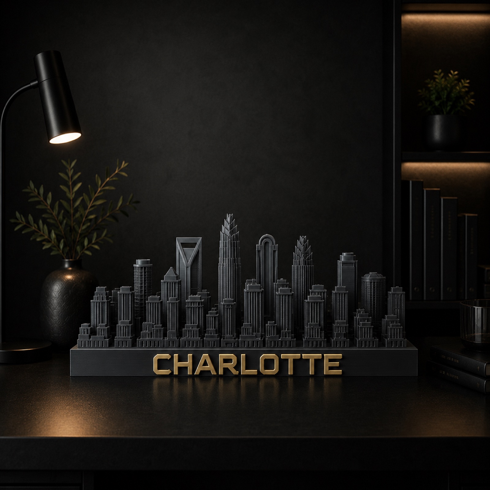 Charlotte skyline sculpture — matte black with brushed gold, by City Skyline Decor