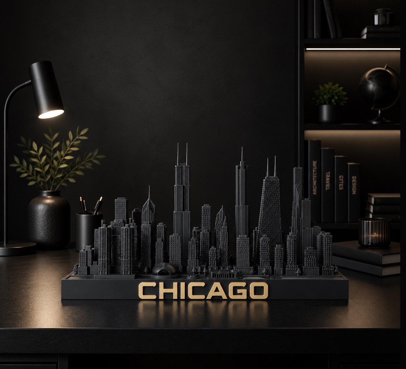 Chicago skyline sculpture — matte black with brushed gold, by City Skyline Decor