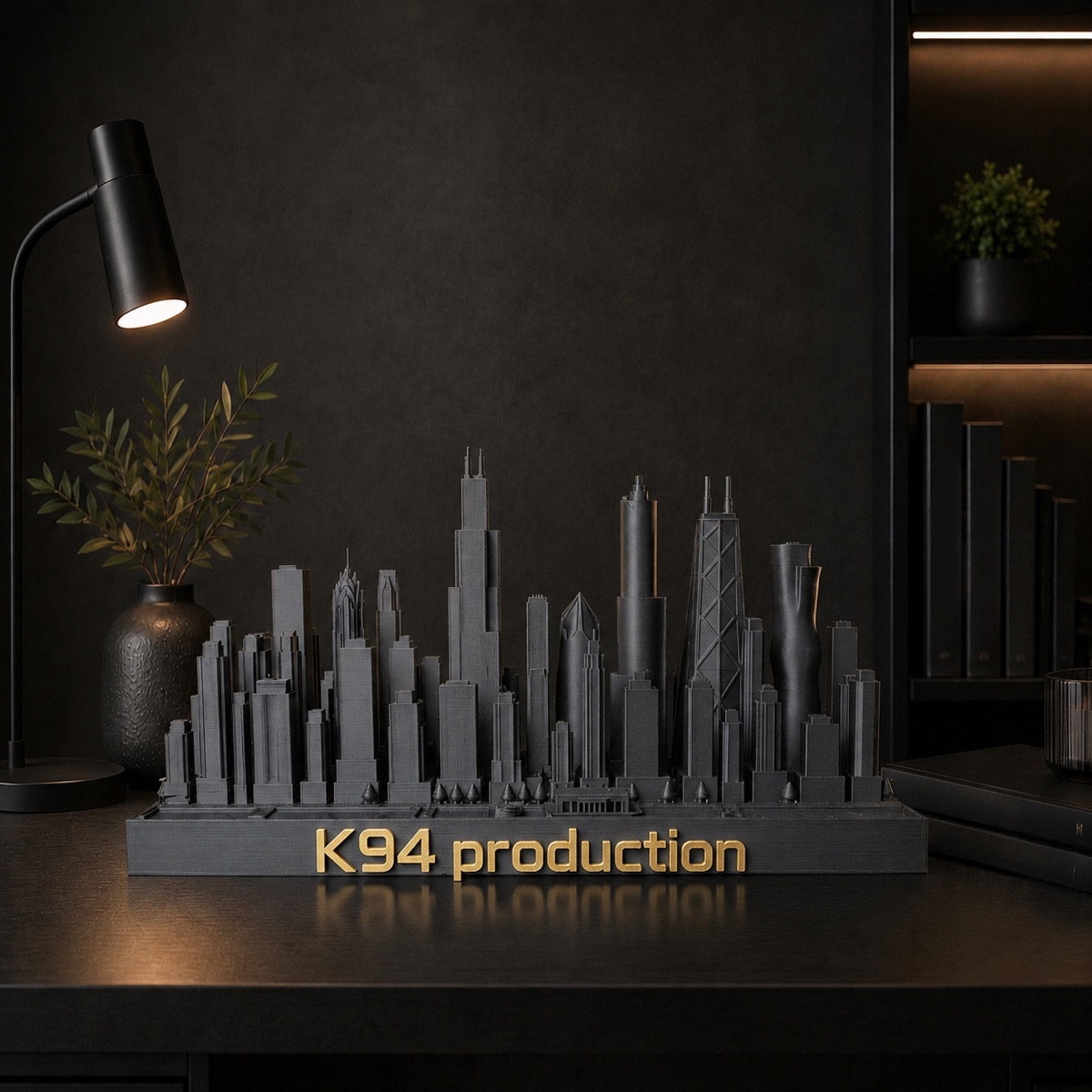 skyline sculpture — matte black with brushed gold, by City Skyline Decor