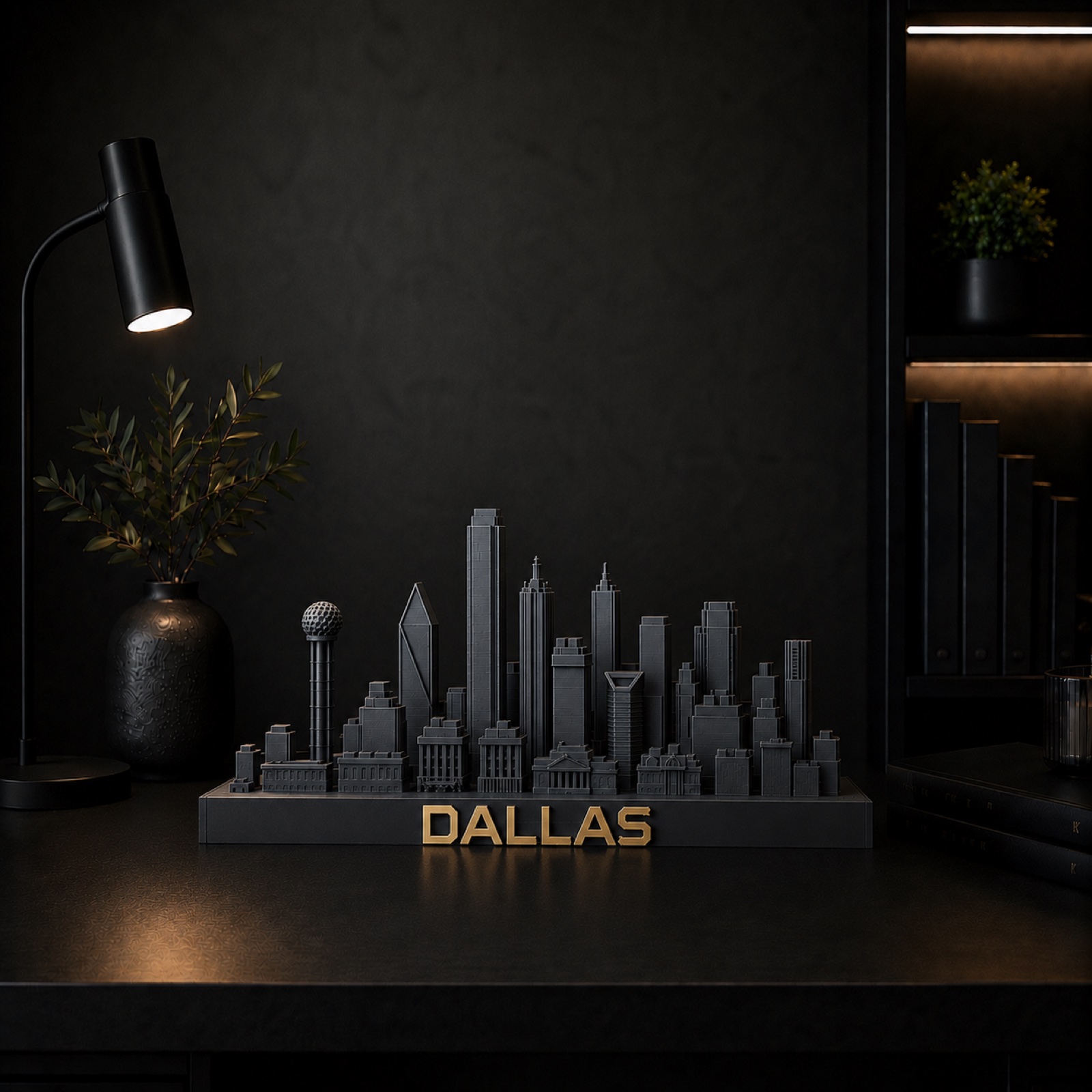 Dallas skyline sculpture — matte black with brushed gold, by City Skyline Decor