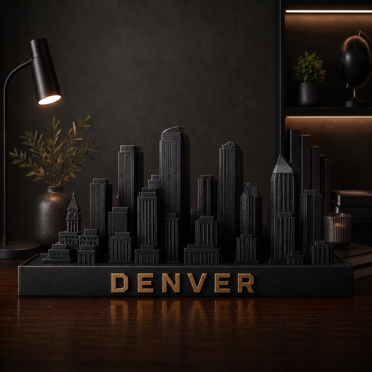 Denver skyline sculpture — matte black with brushed gold, by City Skyline Decor