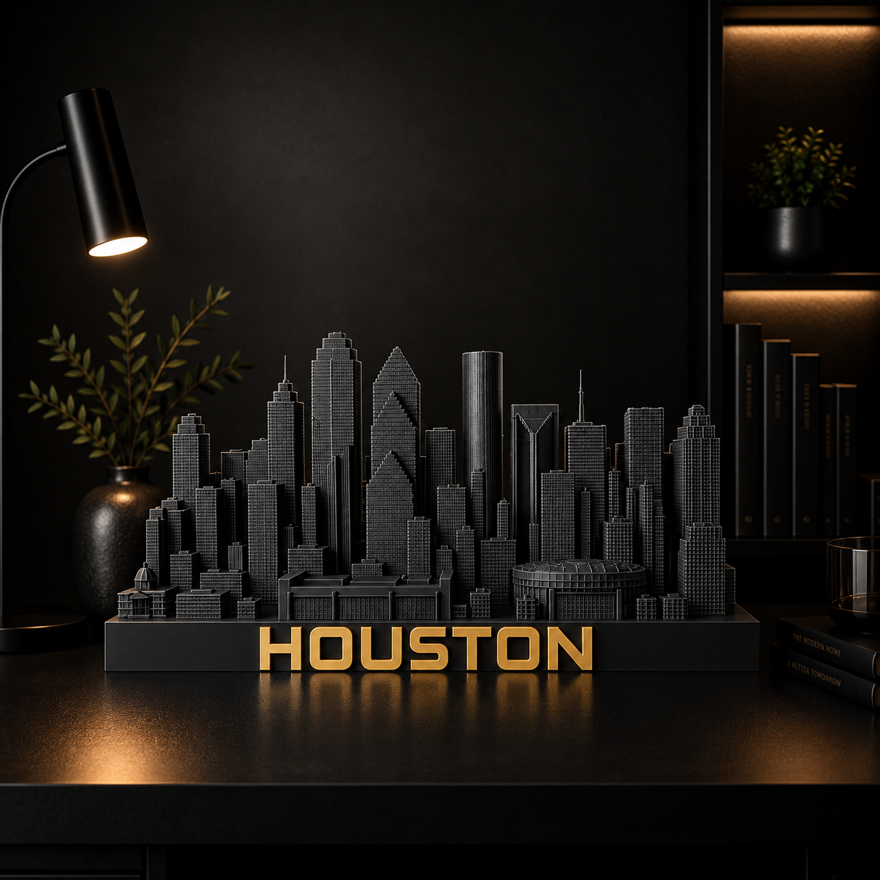 Houston skyline sculpture — matte black with brushed gold, by City Skyline Decor