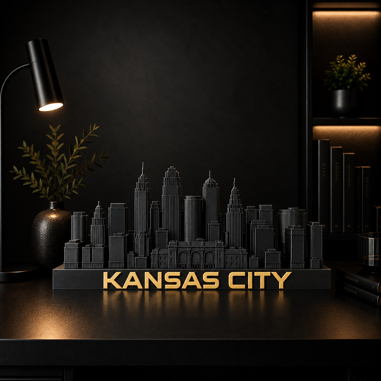 Kansas City skyline sculpture — matte black with brushed gold, by City Skyline Decor