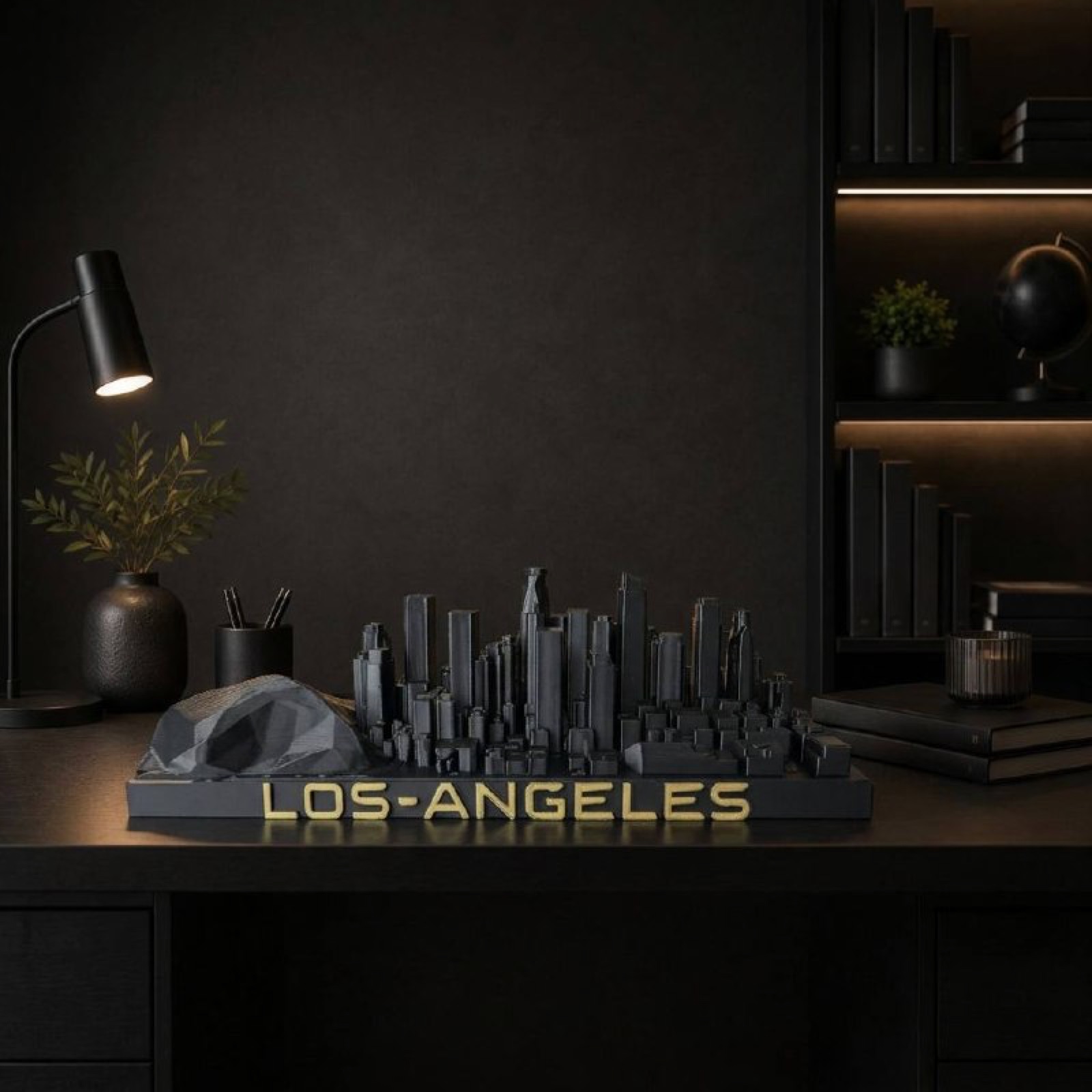 Los Angeles skyline sculpture — matte black with brushed gold, by City Skyline Decor
