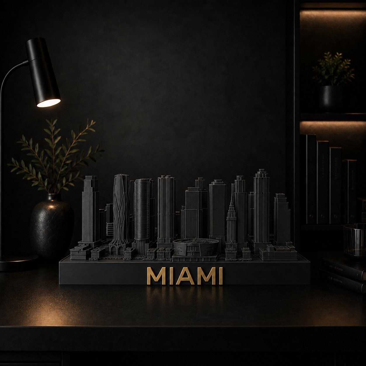 Miami skyline sculpture — matte black with brushed gold, by City Skyline Decor
