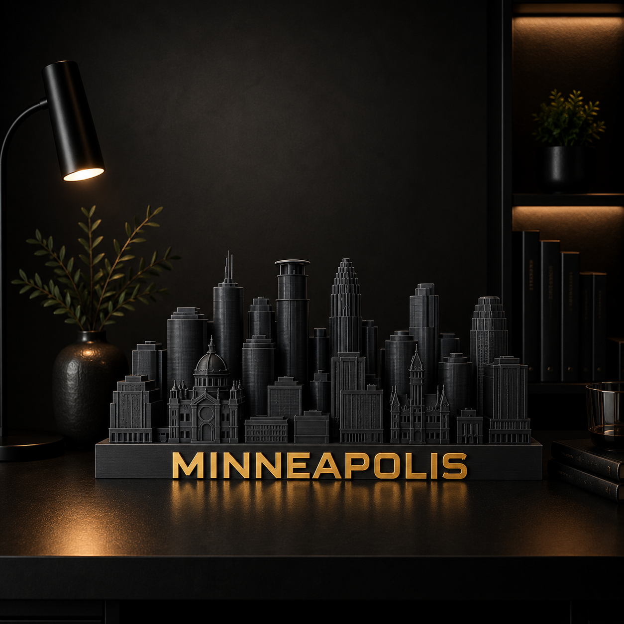 Minneapolis skyline sculpture — matte black with brushed gold, by City Skyline Decor