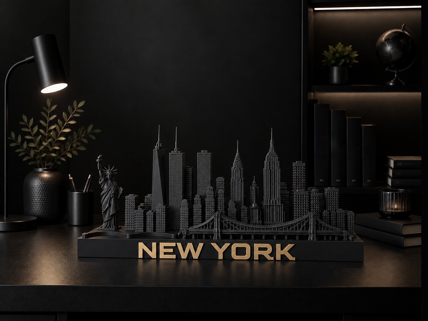 New York skyline sculpture — matte black with brushed gold, by City Skyline Decor
