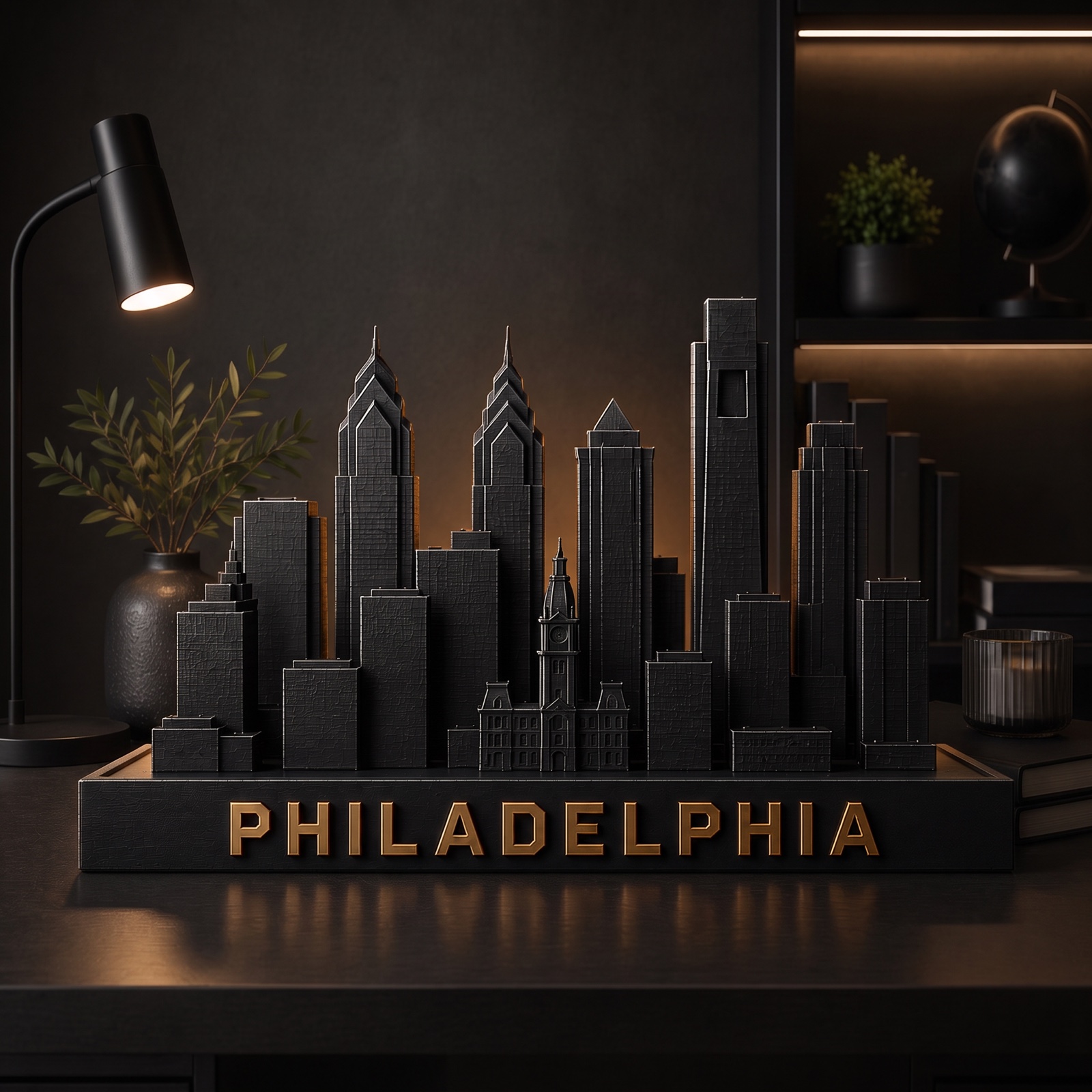 Philadelphia skyline sculpture — matte black with brushed gold, by City Skyline Decor