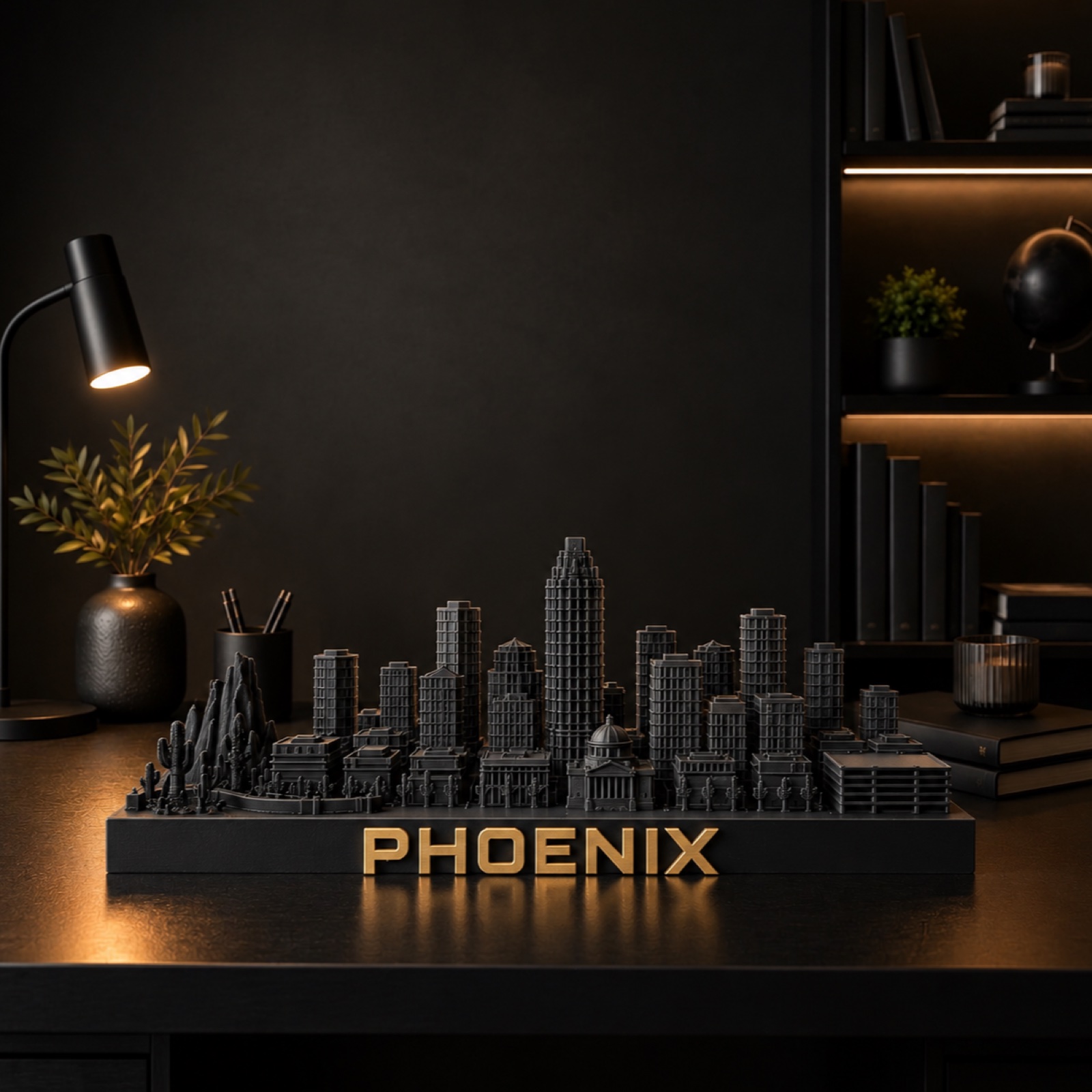 Phoenix skyline sculpture — matte black with brushed gold, by City Skyline Decor