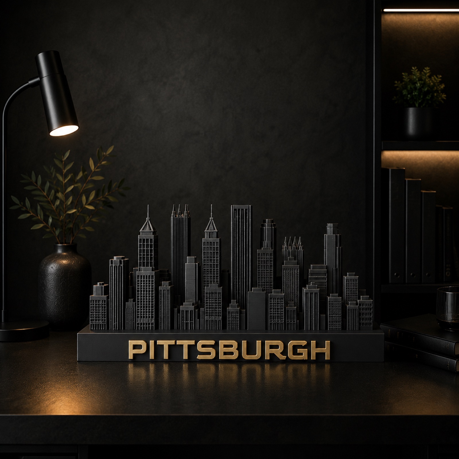 Pittsburgh skyline sculpture — matte black with brushed gold, by City Skyline Decor