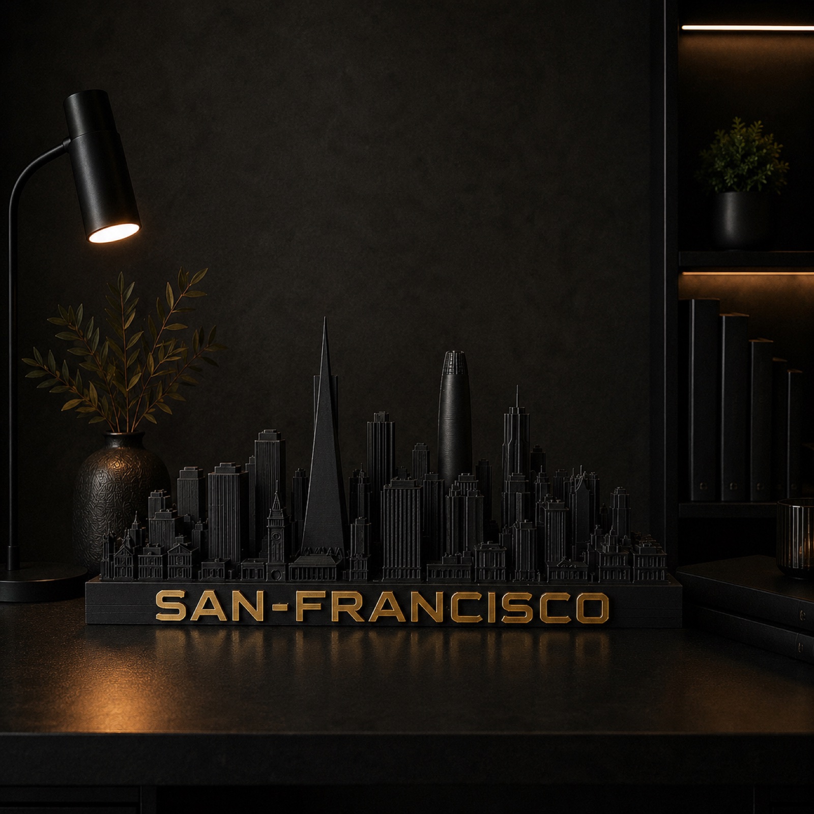 San Francisco skyline sculpture — matte black with brushed gold, by City Skyline Decor