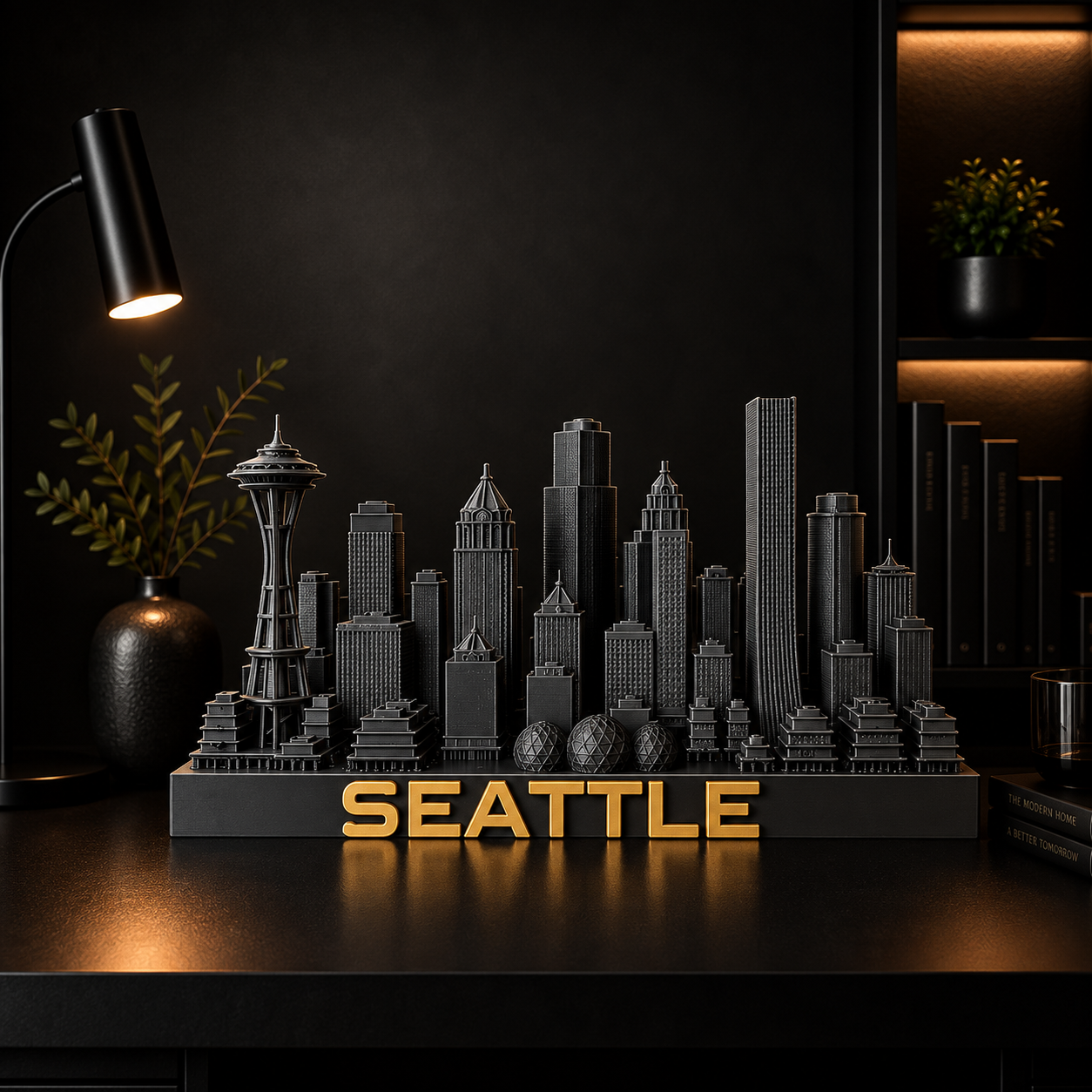Seattle skyline sculpture — matte black with brushed gold, by City Skyline Decor