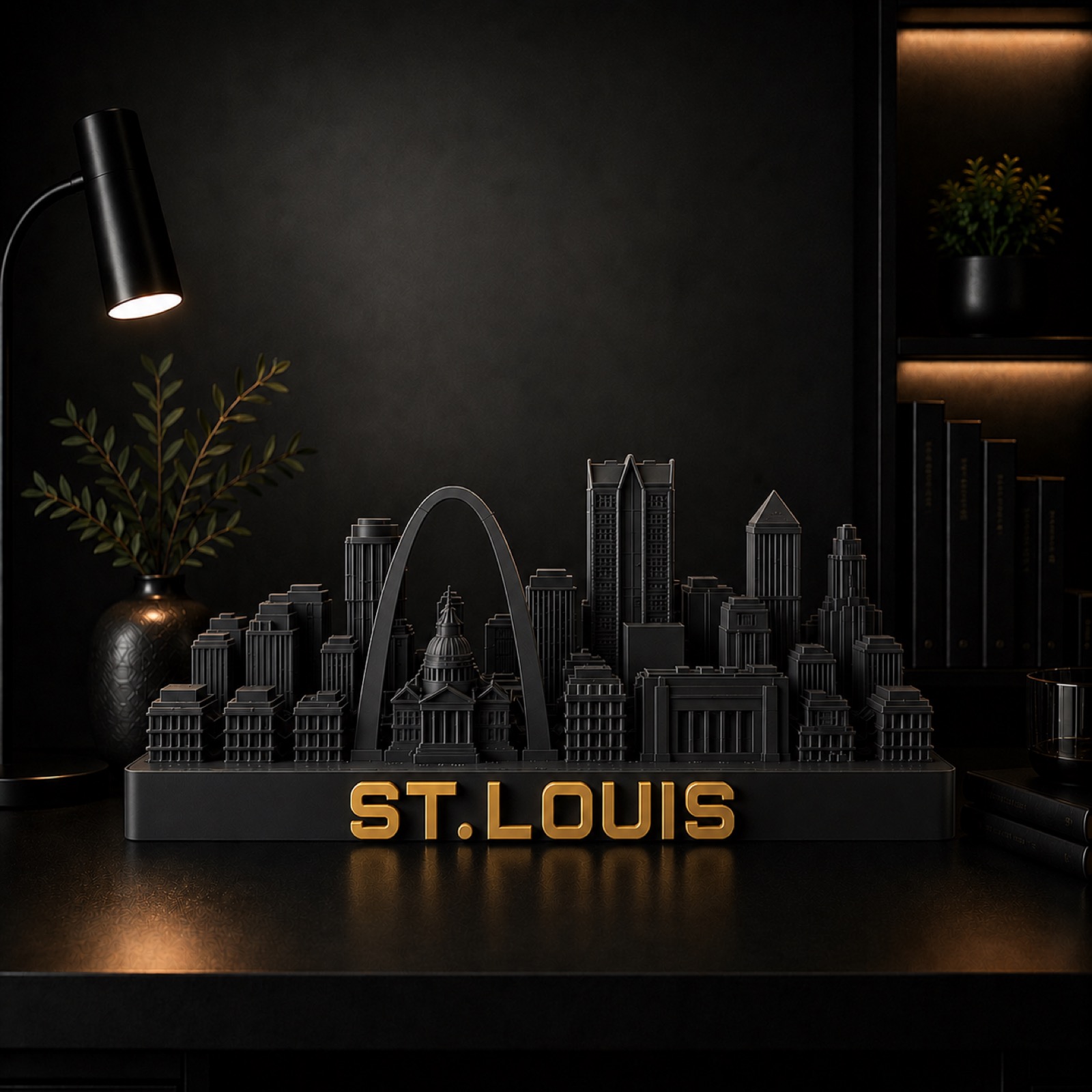 St. Louis skyline sculpture — matte black with brushed gold, by City Skyline Decor