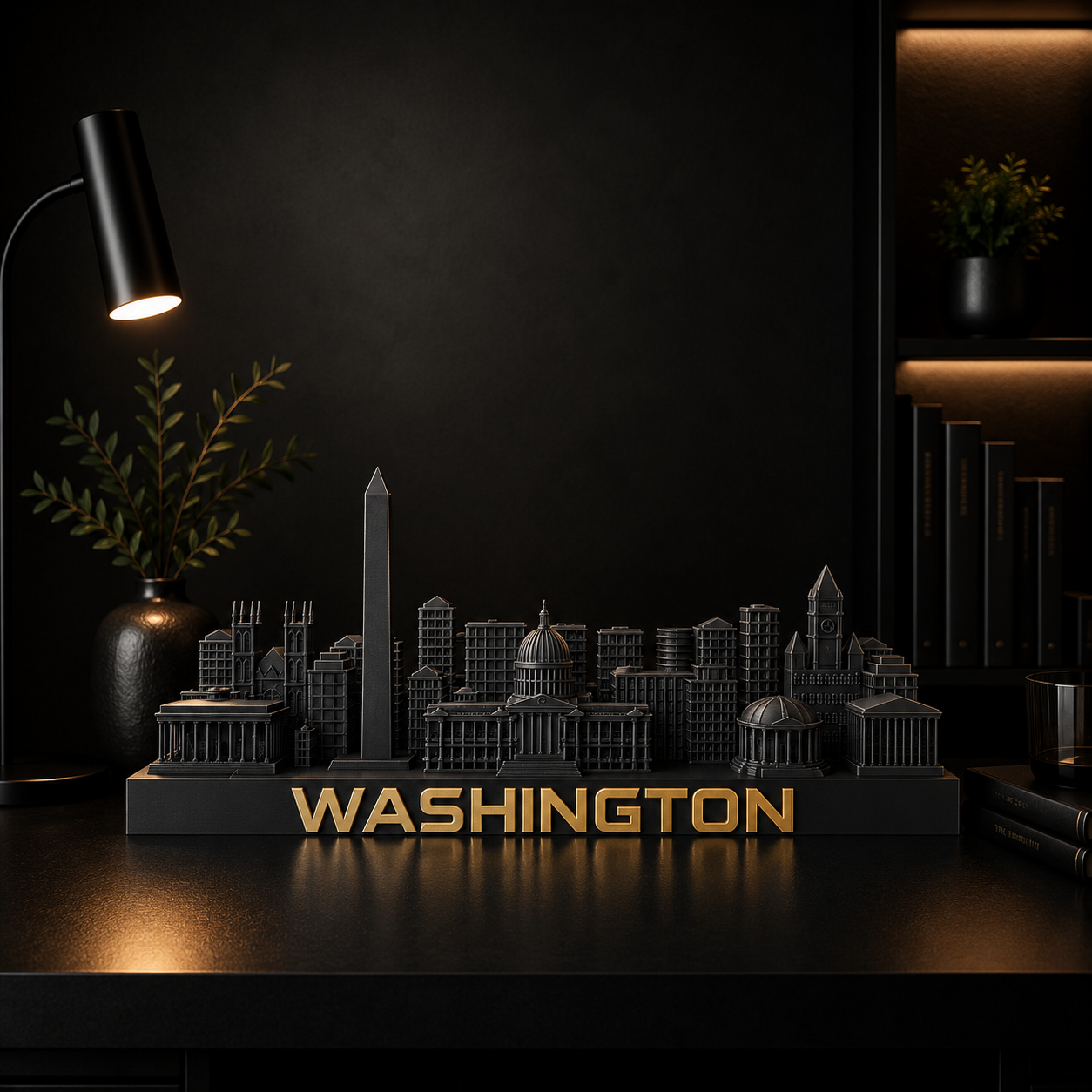 Washington DC skyline sculpture — matte black with brushed gold, by City Skyline Decor